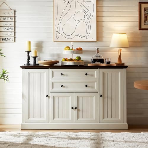 IFGET Farmhouse 58" Buffet Cabinet with Storage, 34" Tall Coffee Bar Cabinet w/2 Large Drawers & 4 Grooved Barn Doors, Wood Rustic Sideboard Buffet Cabinet for Dinning Room, Kitchen, Living Room,White