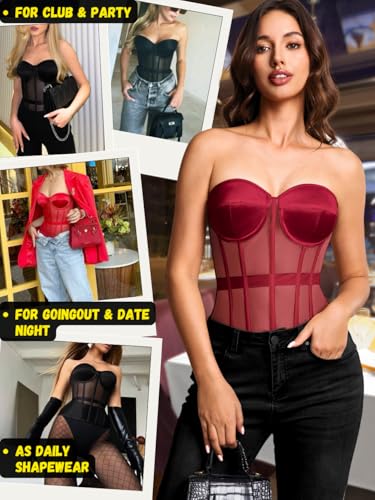 Image of Kaei&Shi Sheer Mesh Overbust Corset,Sexy Strapless Lace Up Satin Bra Corsets Top For Women Shapewear