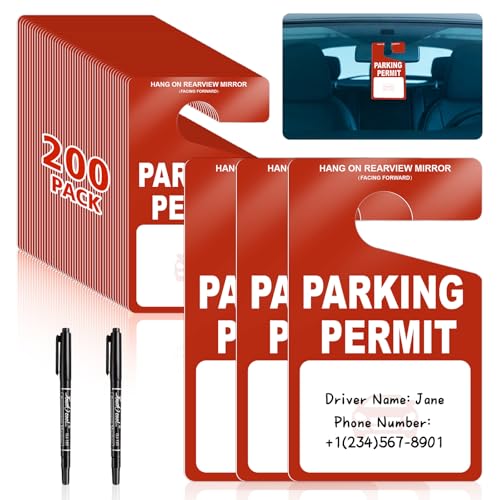 200 PCS Plastic Parking Permit Hang Tags Red Rearview Mirror Placards Thick 18 Mil Waterproof PVC 3x5 Inch Single-Sided Printing with 2 Marker Pens for Temporary Parking Passes (200 Red)