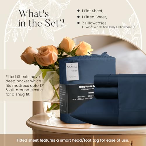 100% Organic Cotton Sheets Queen Size Set, 300 TC Deep Pocket Queen Sheets Set, Soft Breathable Sateen Weave 4 PC Elasticated Sheet & Pillowcase Sets, No Pill & Shrink, Fade Resistant- navy