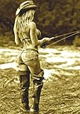 NDTS Tin Sign Open Fly Season Pin-Up Girl Fishing Hot Rod Reel Fish Metal Decor Sign Metal Sign 8X12 Inches