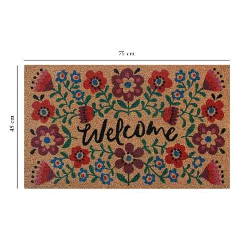 Image of ATMAH Welcome Floral Coir Door Mat 45 x 75 cm | Heavy Duty Entrance Mat | Anti Slip PVC Backing | Indoor & Covered Outdoor Doormat