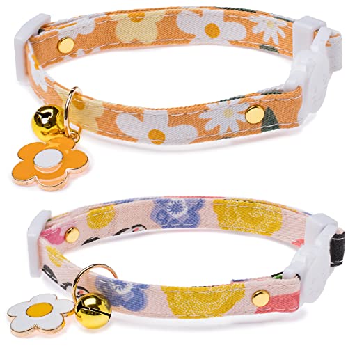 2 Pack Cotton Breakaway Cat Collars With Bell Flower Charms Pink Orange Cat Collar For Female Girl Cats Male Boy Cats #TOP24
