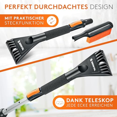 WERKTAL Eiskratzer Auto mit Besen (Teleskop) lackschonend – Scheibenkratzer mit Eisbrecher & Schneebesen für PKW LKW SUV, stabiles Winterzubehör inkl. Tasche – inklusive Scheibenschwamm