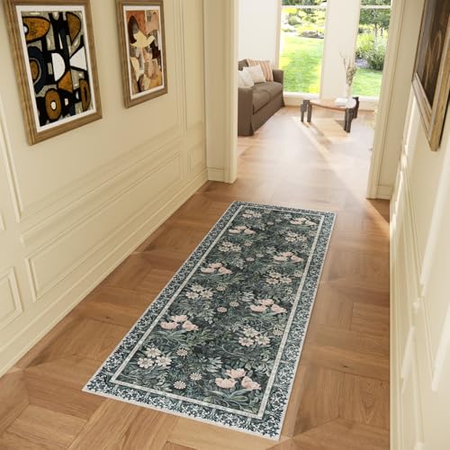 Image of Non Slip Vintage Floral with Ornate Border Hallway Runner Rug - Long Runner Rugs 2x6 Washable Kitchen Floor Mat, Laundry Room Rug, Bathroom Runner