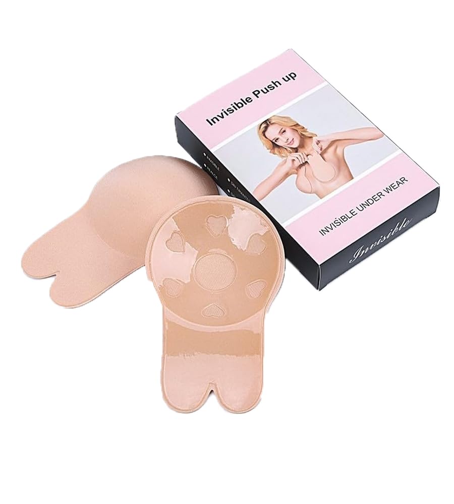 Women's & Girls Nipple Cover Reusable Boob Tape, Invisible Push Up Strapless Bra, Rabbit Shape Pasties Nipple Pasties, Backless Self Adhesive, Medical Grade Silicone, Beige