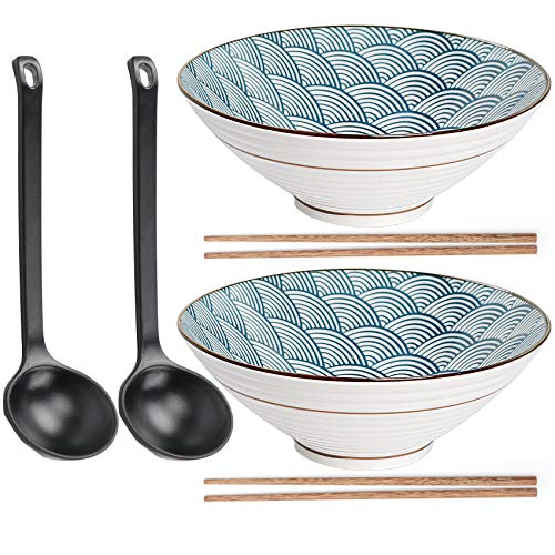 2 x Ceramic Ramen Bowls Sets, Large Japanese Noodle Bowl with Chopsticks and Spoon, Creative Ramen Soup Bowl for pho, Personality Ramen Bowls for Cereal, Noodles, Appetizers, etc.