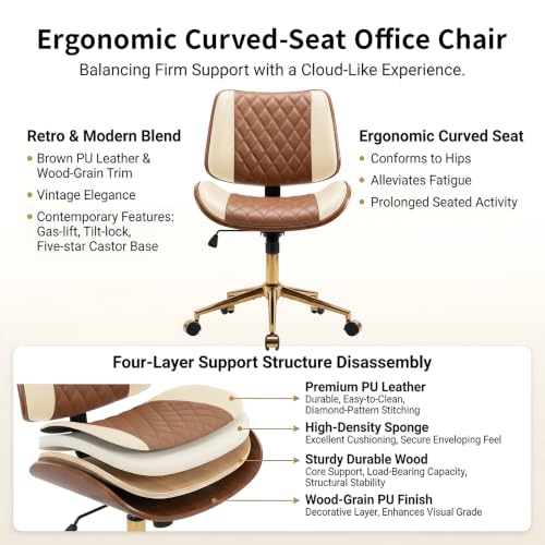 FervorFurn Armless Office Chair with Back, Mid Century Modern Walnut Style Desk Chair, No Arms Leather Computer Chair for Home Office, Vanity Chair, Seat-Rocking, Adjustable Height (Brown+Beige) - image 7