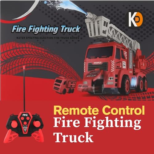 Image of K D Remote Control Ejector Fire Truck, Rechargeable Fire Brigade Automatic Rescue fire Truck, with Water Spray, Extending Ladder, Flashing Lights, Siren and 3 Mini Fire Vehicles Cars (Age 3+)
