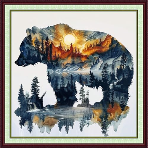 Image of Foxhool Stamped Cross Stitch Kits,11CT Printed Cross Stitch Pattern Full Embroidery Kits for Beginner Needlepoint Kits-Abstract Bear 18x18 inchs