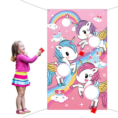 Blulu Unicorn Bean Bag Toss Game for Kids Outdoor Toys Unicorn Toss Game Banner with 3 Nylon Bean Bags Birthday Party Game Backyard Yard Activities for Toddler Birthday Gift for Girls