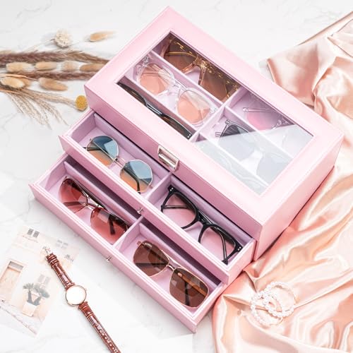 Image of ProCase 3-layer Sunglasses Storage Organizer, 18 Slots Leather Sunglass Box Multiple Pairs Eyeglass Cases Eye Glass Eyewear Display Holder for Men Women -Pink