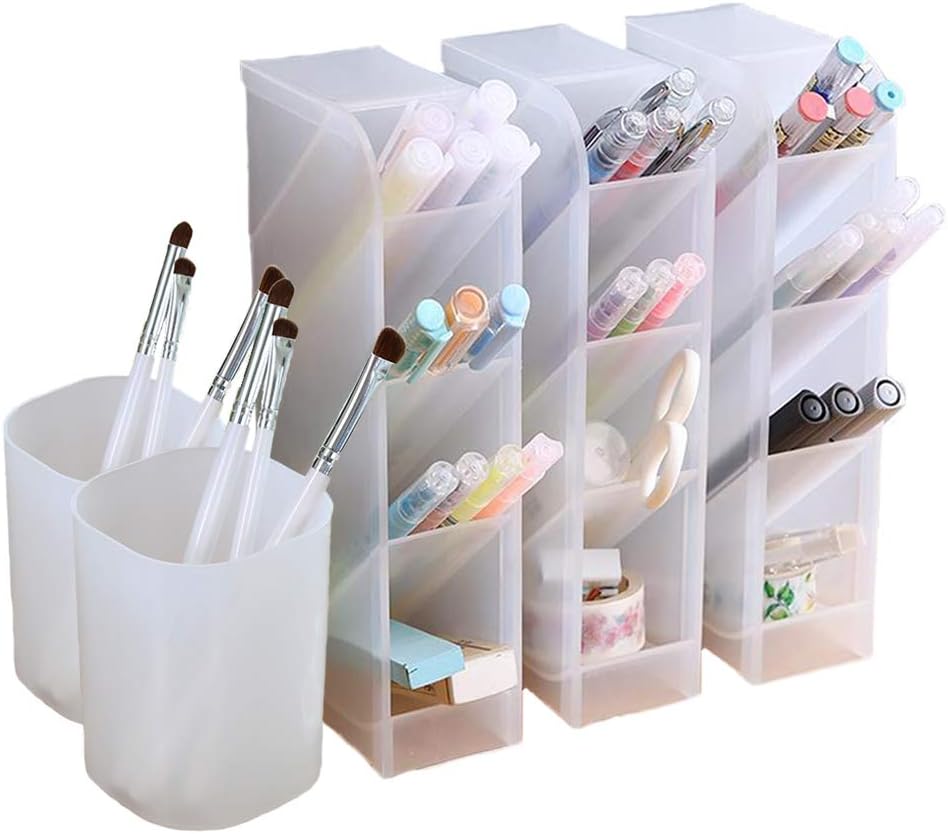 5 Pcs Desk Organizer for Office, School, Home Supplies, Translucent White Pen Storage Holder, Set of 3, 2 Cups 14 Compartments (White)