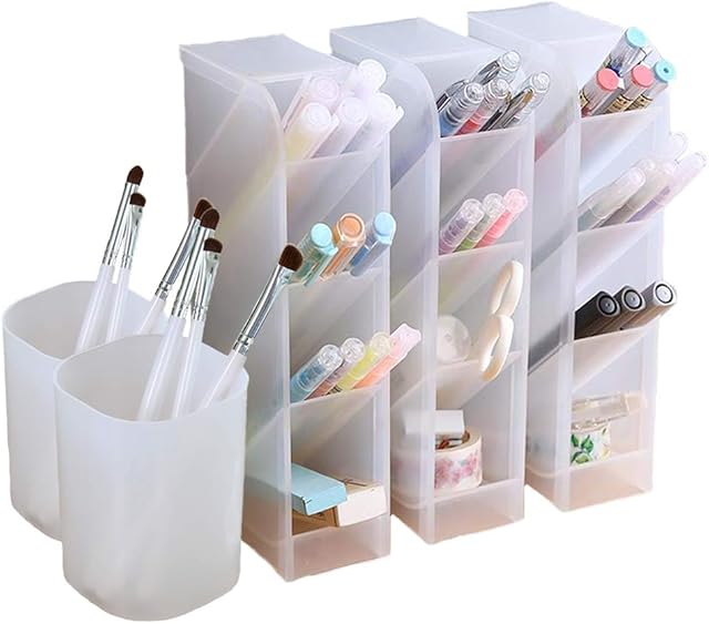 Marbrasse 5 Pcs Desk Organizer- Pen Organizer Storage for Office, School, Home Supplies, Translucent White Pen Storage Holder, Set of 3, 2 Cups 16 Compartments
