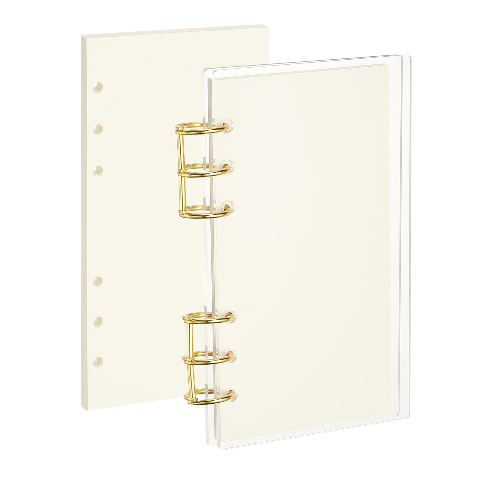 PATIKIL 6 Ring Binder Notebook Cover, A6 Acrylic Binder Notebook 2 Gold Metal Round Rings with 90 Sheets Blank Inner Papers for Travel Office Planner Budget, Clear