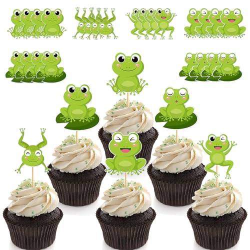 Silars Frosch Cupcake Topper, 24 Stücke Tortendeko Frosch Deko Geburtstag, Frosch Tortenaufleger für Cupcake DIY Deko für Wald, Tiermotiv, Babyparty, Geburtstag, Party (Frosch)