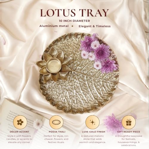 Image of BEHOMA Golden Metal Lotus Pooja Thali with Tea-Light Holder, 25.5cm | Golden lotus-design metal tray with tea-light holder; perfect pooja thali for weddings, haldi & mehndi.