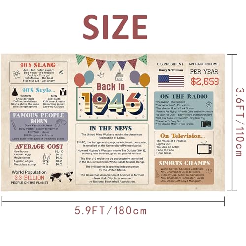 Image of Crenics 80th Birthday Decorations for Men or Women, Vintage Back in 1946 Banner Backdrop 5.9 x 3.6 Ft, 80 Years Old Birthday Party Supplies