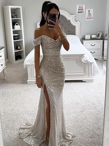 Sequin Mermaid Prom Dress Sparkly Formal Dresses for Women Long Off Shoulder Corset Slit Pleated Party Evening Gown3