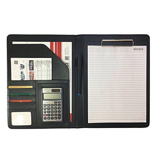 Office Portfolio Organizer Business Padfolio 12-Bit Solar Calculator A4 Pu Leather Conference Folder Holder Clipboard Cover With Writing Pad Ebook (Black) #TOP5