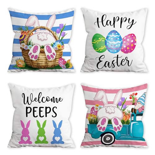 FUTBU Easter Pillow Covers, Easter Decorations Indoor Pillow Covers 18x18 Set of 4 Bunny Eggs Tulip Decor Blue & Pink Gnome Throw Pillow Covers for Couch Sofa Living Room Outdoor by FUTBU - Used condition - US$11.32