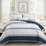 DJY Striped Quilt Set King Size, Navy Blue Boho Striped Patchwork Leaves Printed Bedspread Coverlet Set 3 Pieces Soft Lightweight Microfiber Quilted Bedding Set for All Season (104"x90")