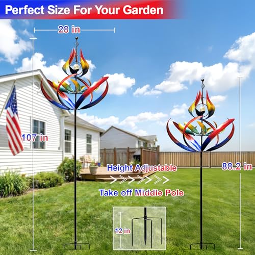 Image of 107 inch Large Solar Wind Spinner Outdoor Metal - 3-Tier Kinetic Wind Sculptures with LED Glass Ball Light, Multi-Color Tulip Windmills for Yard Garden Decor, Patio Porch Lawn Ornament Gardening Gifts