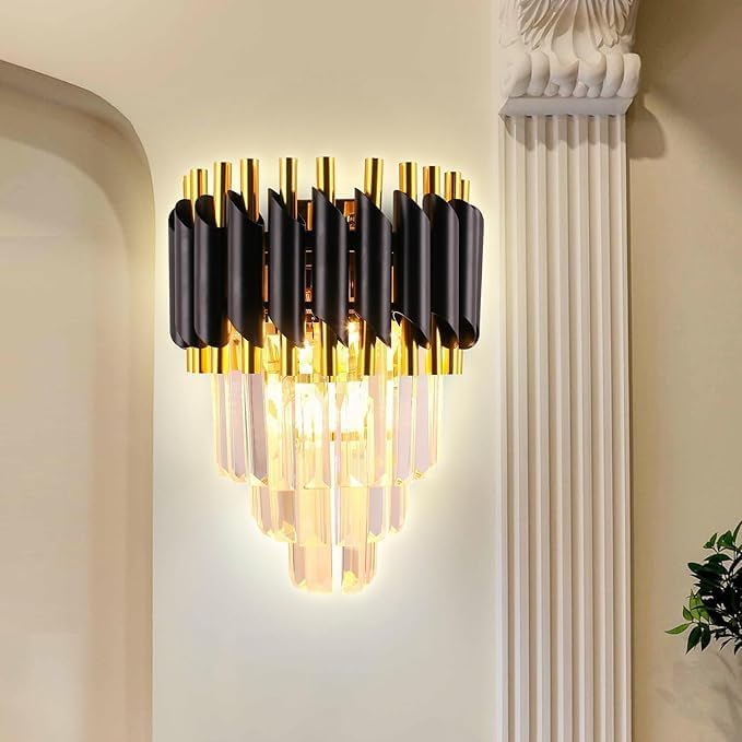Image of 3 Layer Black Gold & Crystal LED Wall Light for Living Room, Bedroom & Home Decorative Wall Lamp for Cafe, Bar & Hotel (3 Layer Black Mamma WALL)