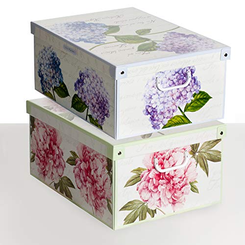 Kanguru Collection Lot de 2 boîtes en Carton Pivoines Ortensias, Multicolore, 50 x 39 x 24 cm