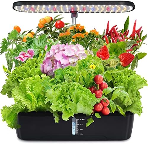 KioGro Hydroponics Growing System, 12 Pods Herb Garden Kit Indoor with 139 LED Grow Light Gardening System, Automatic Timer, Height Adjustable, 4L Water Tank for Home