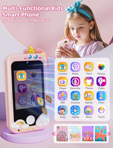 Kikidex Kids Smart Phone for Girls, Perfect Christmas Birthday Gifts for 3-10 Year Old Kids, Touchscreen Learning Play Toy Smartphone with Dual Camera, Puzzle Game, Music Player (Pink) - Image 3