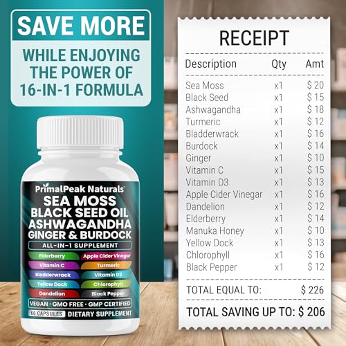Sea Moss Black Seed Oil Ashwagandha Ginger Burdock Bladderwrack Turmeric & Vitamin C Vitamin D3 with ACV Elderberry Chlorophyll Dandelion Yellow Dock Vegan Capsules - 60 Count - Image 6