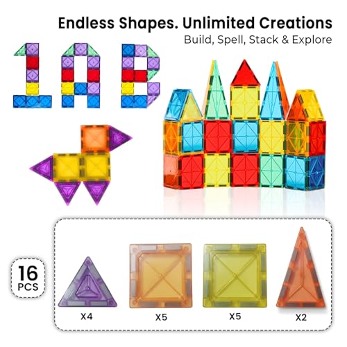 Image of TOYTASTIC Magnetic Tiles Building Blocks for Kids Preschool Educational Magnetic Construction Toys for Creative Learning & Brain Development Safe STEM Toy for Toddlers Age 3-8 Years (16 Pieces)