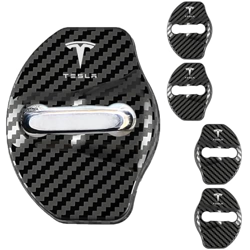 TOPKU Door Lock Cover Protector [Carbon Edition] [No Tape Requried], Anti-Scratch Door Striker Latches Sill Stopper Covers for Tesla Model 3/ Y/S/X,Set of 4