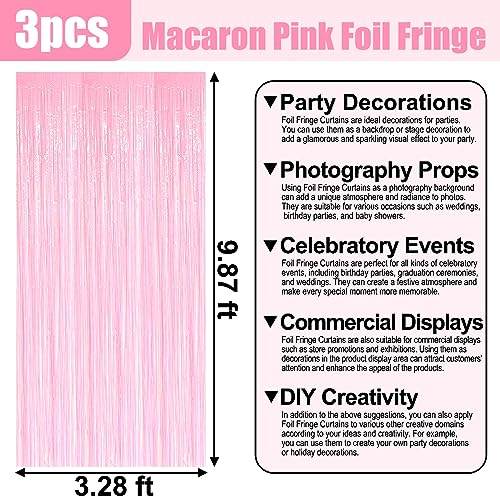 Image of 3 Pack Macaron Pink Foil Fringe Curtain Backdrop, 3.28Ft x 9.8Ft Metallic Tinsel Foil Fringe Streamer Curtains for Photo Booth, Christmas Day, Thanksgiving, Wedding, New Year Party Decorations