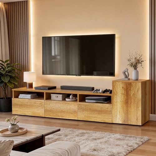 Image of ABOUT SPACE TV Unit - Engineered Wooden TV Stand 32 inch to 50 inch Cabinet with Bottom Closed /Open Storage, Adjustable Side Cabinet, Cable Hole for WiFi Router Stand Console Table for Living Room (CM Oak)