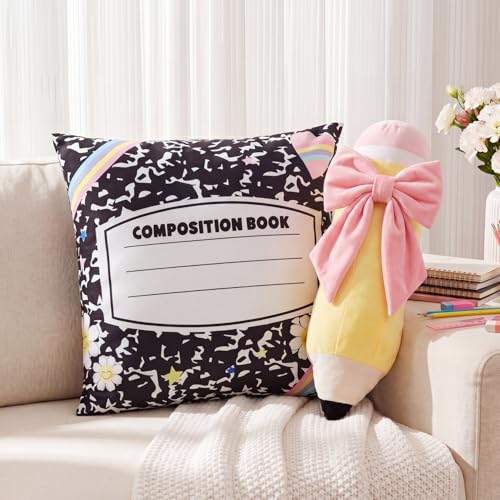 RattanView 2 Pcs Back to School Throw Pillow Cute Composition Notebook Pink Bow Pencil Plush Pillows Kids Classroom Creative Stuffed Cushion for School Reading Room Sofa Decor Student Teacher Gift