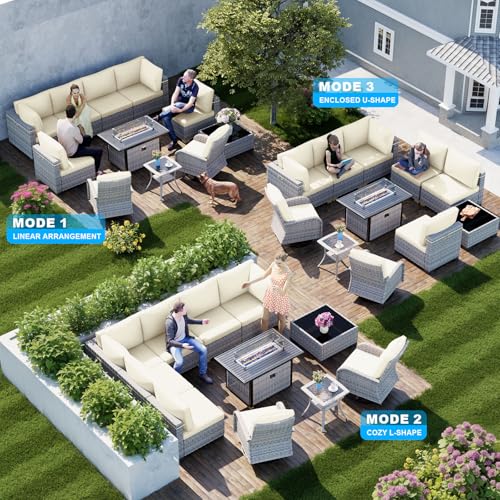 Image of 11-Piece Patio Furniture Set, Outdoor Patio Furniture with 55,000 BTU Fire Pit Table, Swivel Chairs Set, Thick Cushions, Modular Patio Sofa, Dual-Strand Wicker Rattan, Rust-Resistant Frame, Ivory