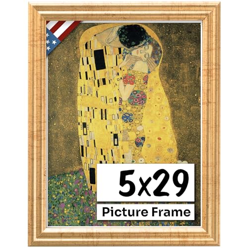 Antique Gold 5x29 Picture Frame .75" Inch Wide - Gold Wall Decor Handmade Solid Wood Frames with Preinstalled Hangers and UV Blocking Plexiglass 29x5 Frame