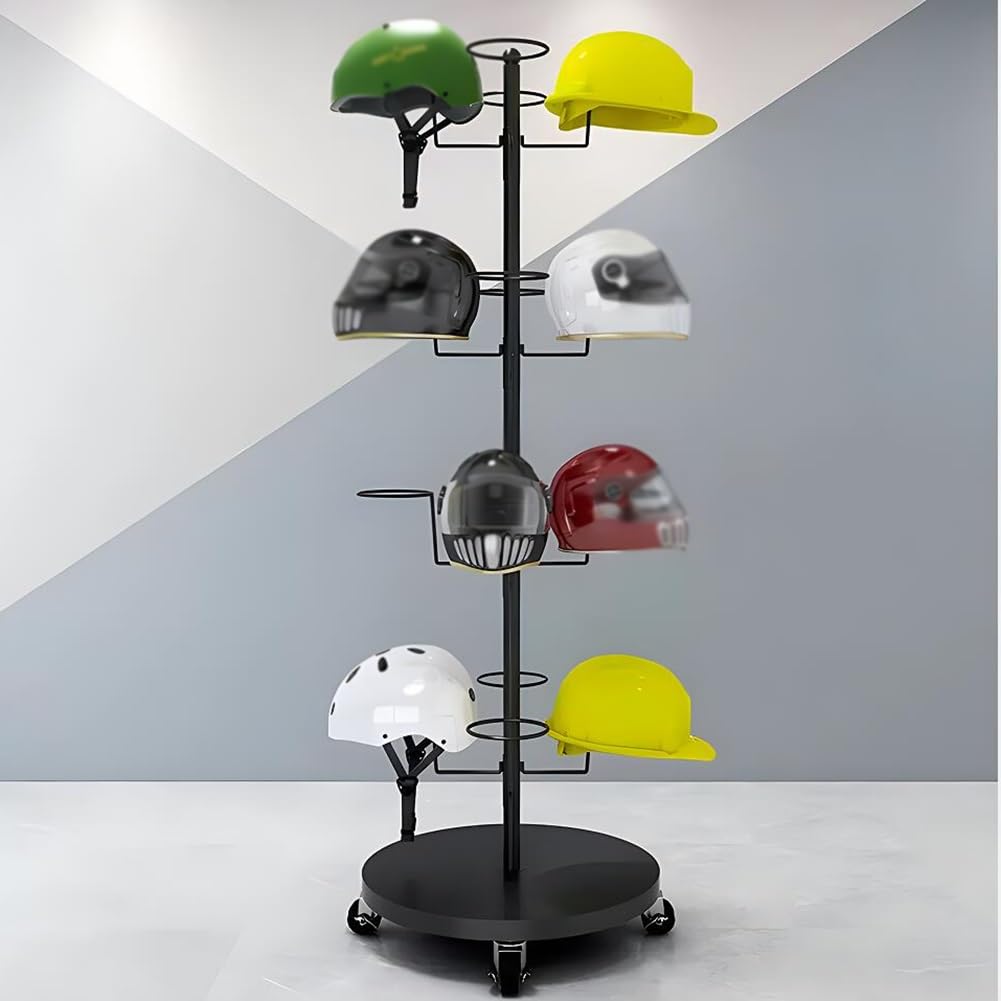 YNBSHGAA 4-Tier Rotatable Helmet Hat Display Rack, Adjustable Spacing Metal Circular Stand with Hooks, for Hat Store Retail Shop,Black-55x55x177cm