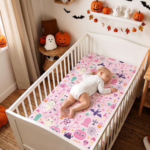 Image of JISEN Halloween Crib Sheet Soft Breathable Skeleton Ghost Fitted Crib Sheets for Standard Crib and Toddler Mattress Baby Bed Sheets for Boys Girls Neutral 52x28 Inch Pink