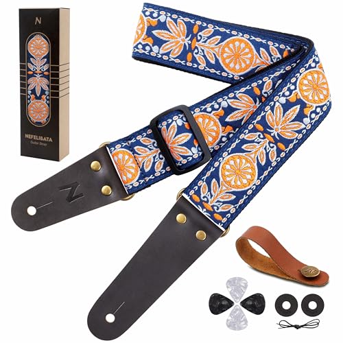 Nefelibata Gitarrengurt, Vintage Baumwoll-Gitarrengurte mit Lederenden aus Rindsleder für Bass-, E- und Akustikgitarren, inklusive kostenlosem Gurthalter, 1 Paar Gurtverriegelungen und 4 Plektren