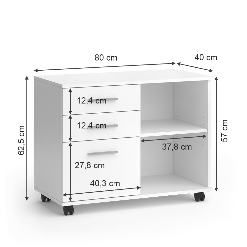 Vicco Piedistalli mobili Delf, Bianco, 40 x 80 cm con 3 cassetti, utilizzabile in modo flessibile con ruote per un facile cambio di posizione