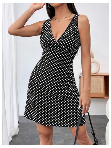 Image of MakeMeChic Women's Polka Dots Dresses V Neck Sleeveless Summer A Line Mini Dresses
