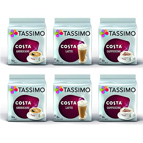 Tassimo Coffee Costa Selection - Costa Latte/Costa Cappuccino/Costa Americano Coffee Pods - 6 Packs (64 Drinks)