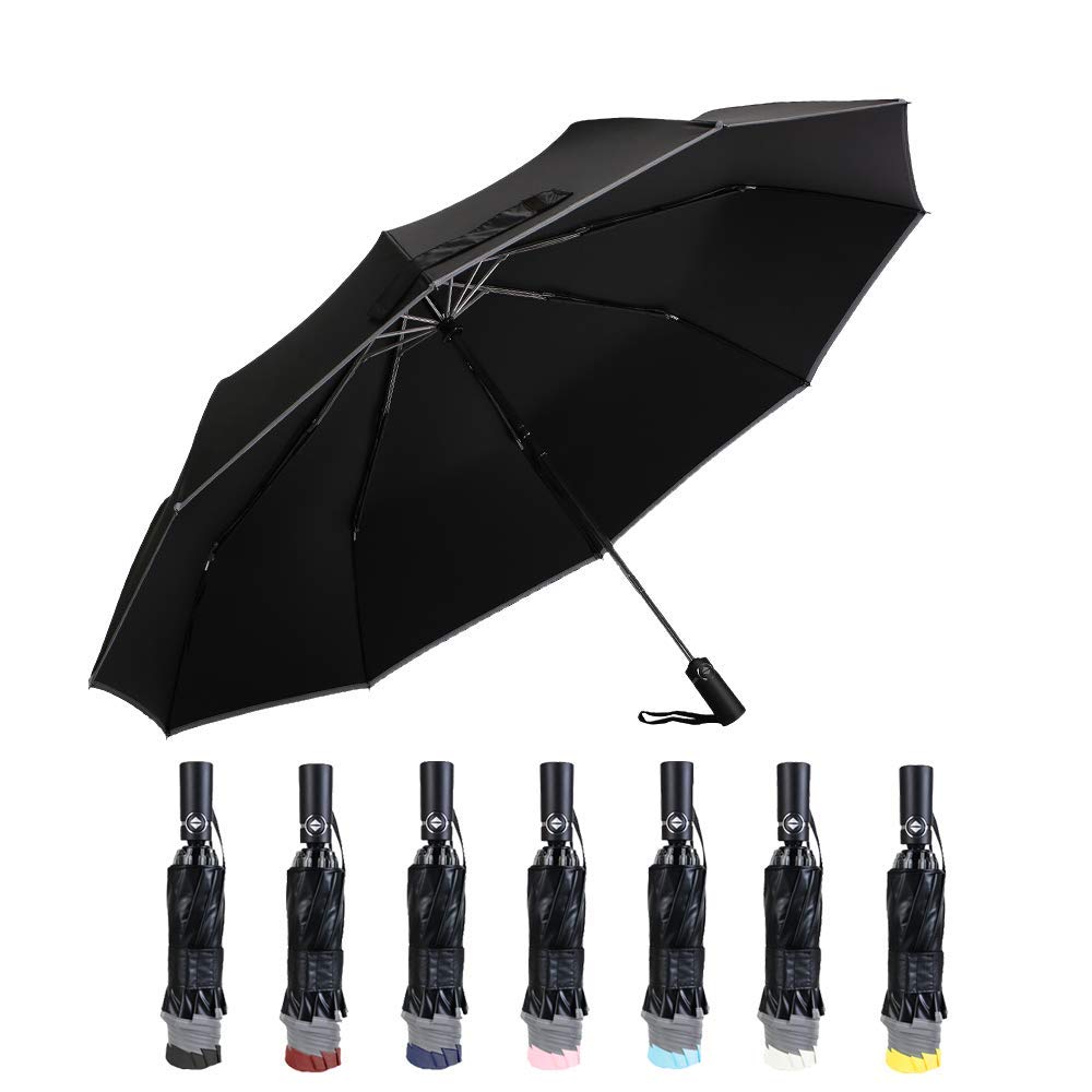Windproof Travel Folding Umbrella Golf Umbrella Auto Open Close, Lightweight 10 Ribs Automatic Windproof Canopy Compact with Light Reflective with Water Absorption Bag