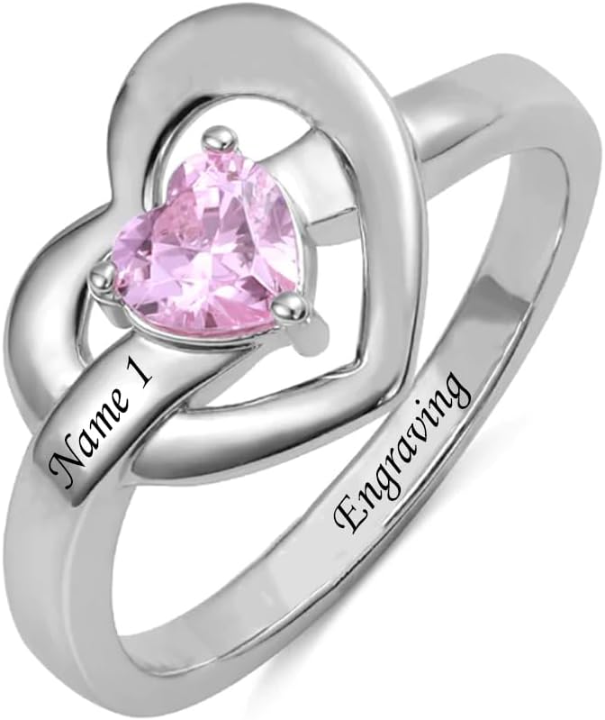 10K 14K 18K Real Gold Customized 1-6 Heart Birthstone Ring,Personalized Name Rings with Simulated Birthstones for Women,Mothers Day Ring Family Couples Jewelry Gifts for Mom Grandma Wife Girlfriend