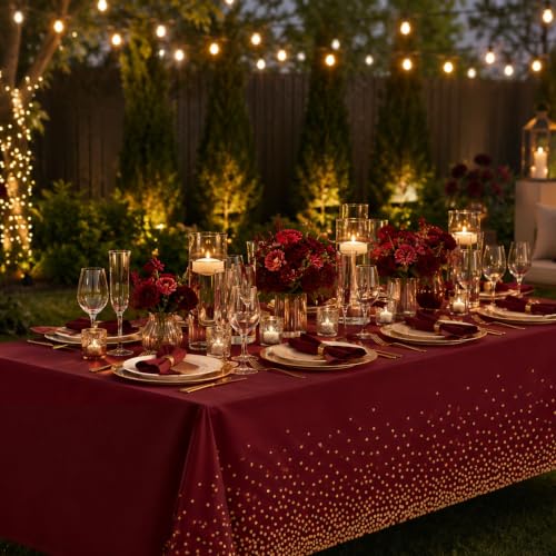Image of Blue Orchards Burgundy and Gold Dots Table Cover (Pack of 3 with 20 glue dots) - 54 inchx108 inch XL - Red Plastic Tablecloth, Bridal Shower, Wedding, Graduation Decoration, Picnic Red Birthday Party Supplies
