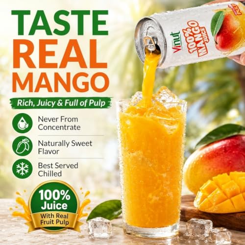 Image of VINUT 100% Mango Juice with Pulp, Tropical Fruit Nectar, No Added Sugar, Not From Concentrate, Gluten Free & Non-GMO Drink, 100% Vegan /Plant-Based, 10.82 fl oz Cans (Pack of 24)