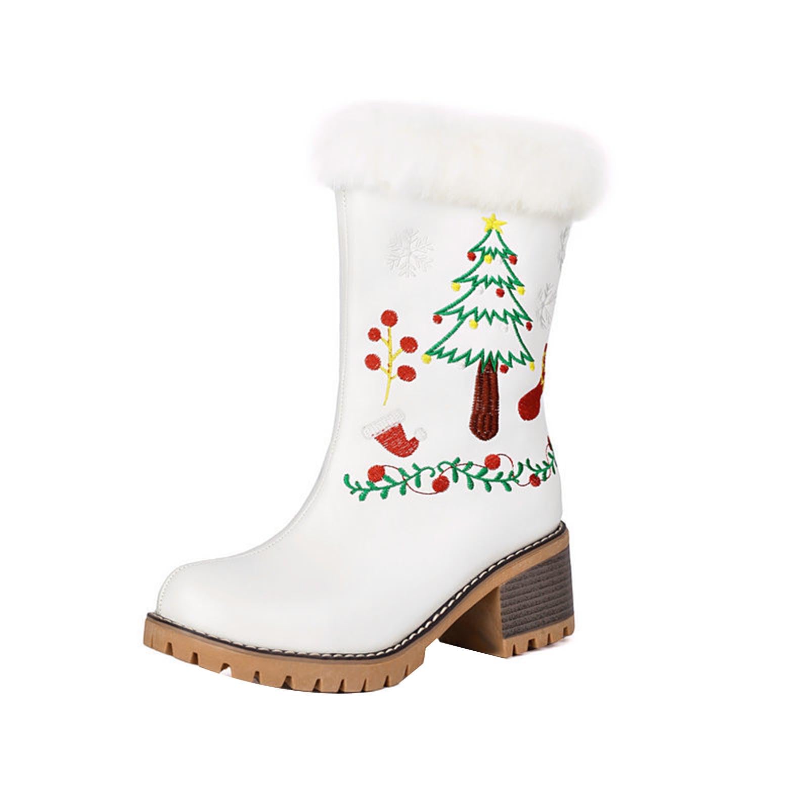 Women Fur Lined Christmas Ankle Boots Chunky Heel Snow Boot Sweet Furry Christmas Trim Warm Comfy Santa Boots